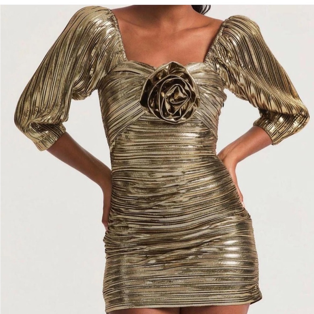 Gold Metallic Dress with Rose Detail